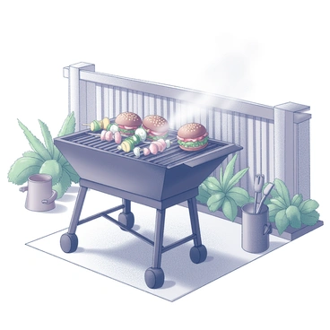 A backyard scene featuring a barbecue grill. The grill is positioned on a patio, emitting smoke as it cooks. Sizzling burgers are placed directly on the grill, with juices visibly bubbling. Skewers with vegetables and pieces of meat are arranged alongside the burgers, showcasing a variety of ingredients. In the background, there are green plants and a wooden fence, adding natural elements to the scene. A set of grilling utensils is nearby, ready to be used.