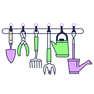 A variety of garden tools are hanging neatly on a wall, each one secured by a carabiner clip. On the left, there is a trowel with a wooden handle, next to a pruning shear with green grips. A hand rake is positioned beside these, its metal prongs glinting softly. To the right, a watering can with a curved spout is also attached with a carabiner clip, alongside a spade with a long handle. The wall features a subtle texture that emphasizes the tools hanging against it.