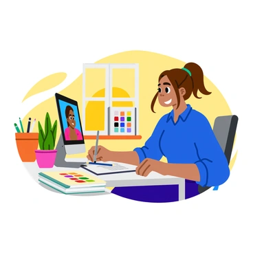 A woman sitting at a modern desk, intently creating digital portraits on her computer. She has long brown hair tied in a loose bun and wears a bright blue shirt. The computer screen displays a colorful portrait in progress, showcasing a variety of hues. Surrounding her are art supplies like sketchbooks and colored pencils, with a vibrant palette of paints visible in the background. The workspace has a warm, inviting atmosphere, enhanced by a small potted plant on the desk and a window allowing sunlight to filter in.