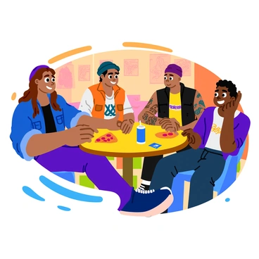 A rock band consisting of four members is gathered around a small round table in a vibrant music studio. The musicians have distinct styles: one has long, flowing hair and a denim jacket, another wears a beanie and a graphic t-shirt, a third sports a leather vest, and the last has colorful tattoos visible on his arms. They are engaged in a lively card game, with a few cards laid out on the table. Scattered around the table are energy drinks and a half-eaten pizza, showcasing their casual break. The walls of the studio are adorned with music posters and instruments like guitars and drums are visible in the background. Soft lighting creates a warm atmosphere, highlighting their expressions of concentration and enjoyment.