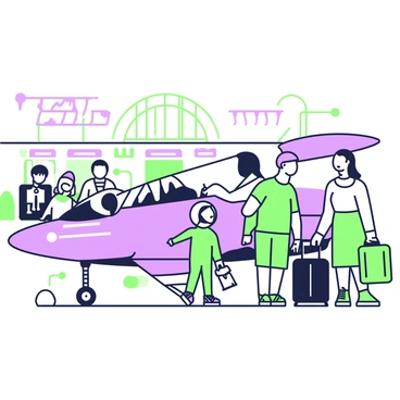 A family is gathered at a sleek spacecraft, preparing to board for an interstellar vacation trip. The spacecraft has a streamlined design with a shiny exterior reflecting the surroundings. In front of the craft, there are two adults, one holding a suitcase, while the other helps a child with their space helmet. The child has an excited expression, looking up at the spacecraft. Behind them, a toddler is holding a small toy rocket. In the background, a few other travelers can be seen waiting to board, along with a futuristic terminal building with glowing signs.
