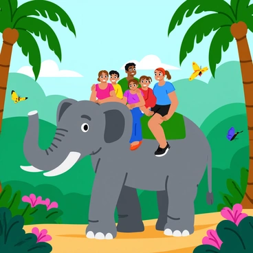 A family of four riding on a large, gentle elephant. The elephant has large ears and a textured gray skin. The family members are smiling and enjoying the ride; they are wearing colorful summer clothing. The tropical forest is lush and vibrant, filled with green foliage, tall palm trees, and colorful flowers. Sunlight filters through the leaves, creating dappled light on the forest floor. In the background, there are hints of exotic birds perched on branches and butterflies fluttering around.