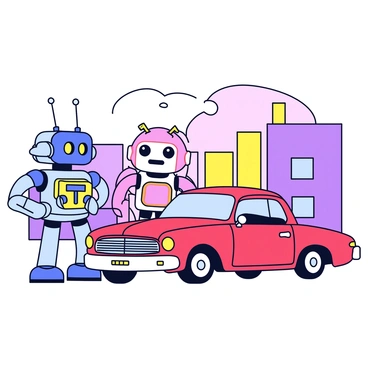 A retro-futuristic scene featuring two vintage robots with shiny metal bodies and colorful accents. One robot has a boxy shape with antennae, while the other has a round head and elongated arms. They are standing next to a classic car with a sleek design, painted in bright red. The car has a shiny chrome grille and whitewall tires. In the background, there are stylized buildings with geometric shapes and bold colors. The sky is a soft pastel, creating a whimsical atmosphere.