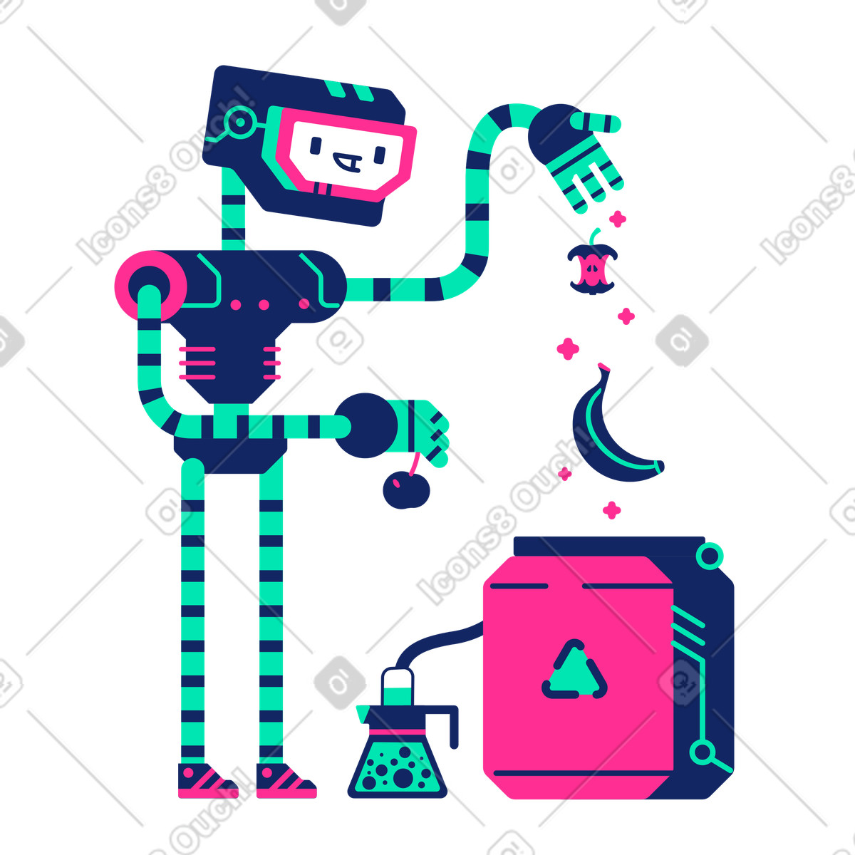 Robot loads banana and apple in an eco fuel processing machine illustration Cyborg style download PNG, SVG