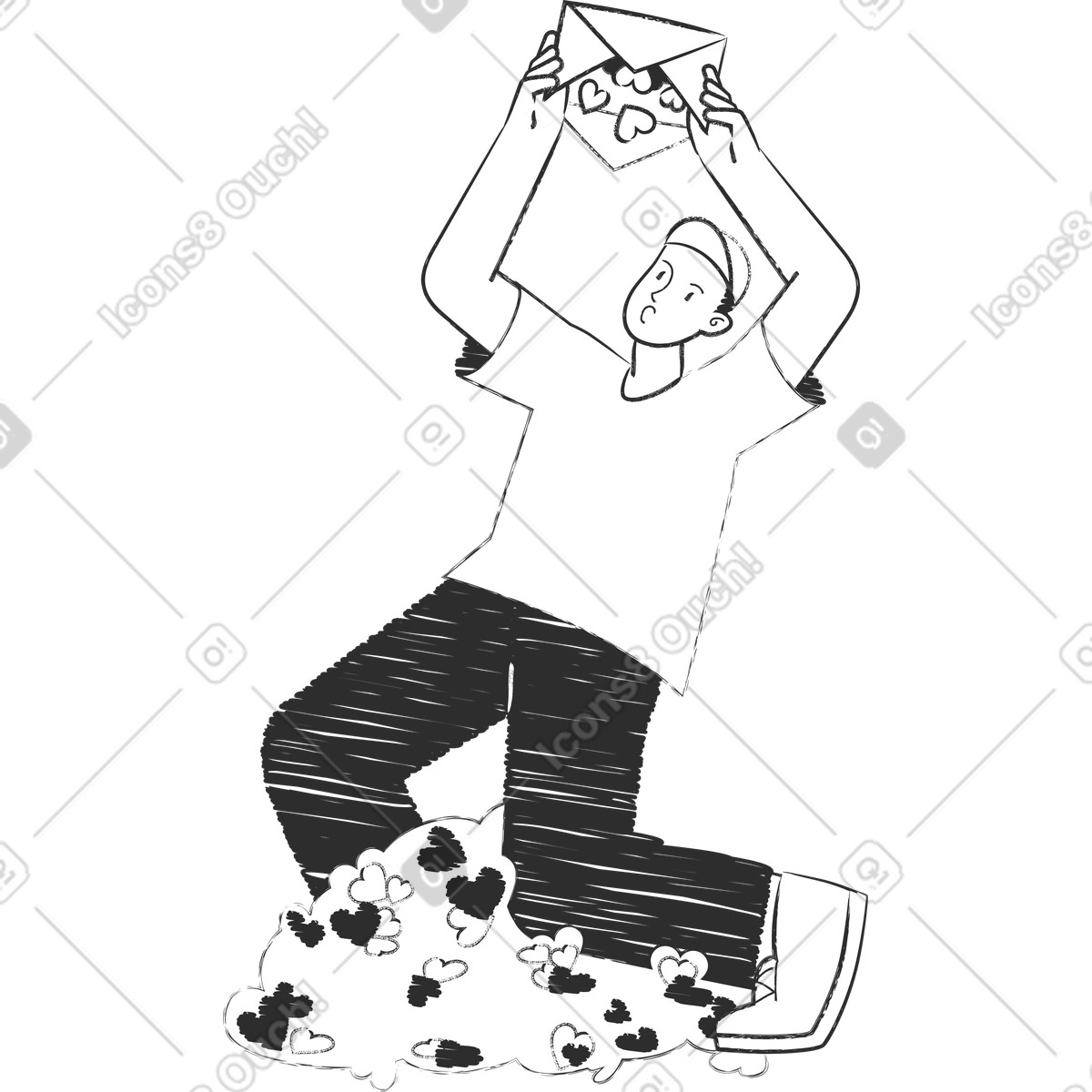 Man opening an envelope with hearts confetti inside illustration in Graphite style download in PNG, SVG
