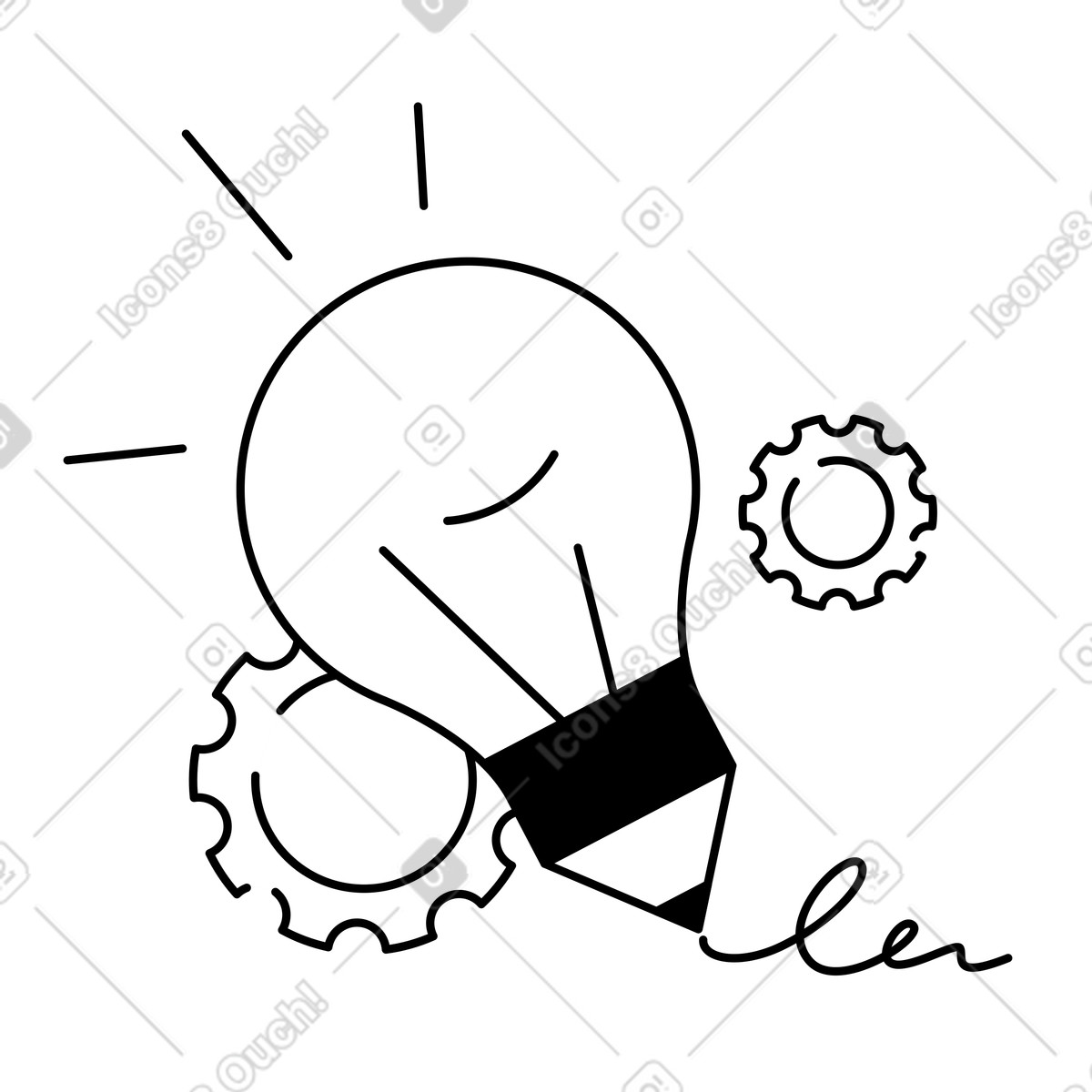 Brainstorm light bulb pencil tool with mechanical gears and scribble-Illustration im Notion Line Art-Stil als Download in PNG, SVG