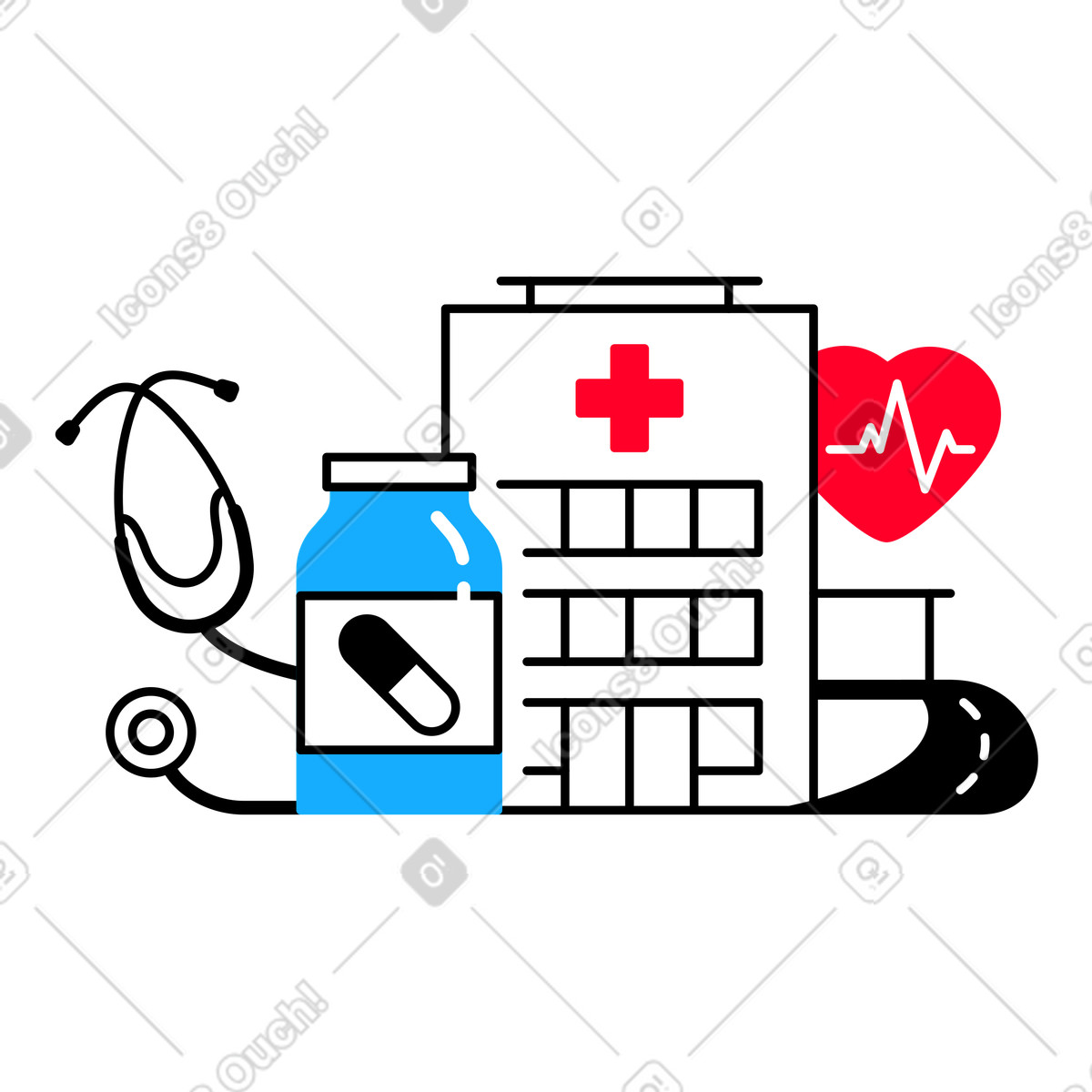 Ilustração animada de Edifício do hospital, frasco comprimidos, estetoscópio e coração com um eletrocardiograma em no estilo Transistor para baixar em GIF, Lottie (JSON), AE
