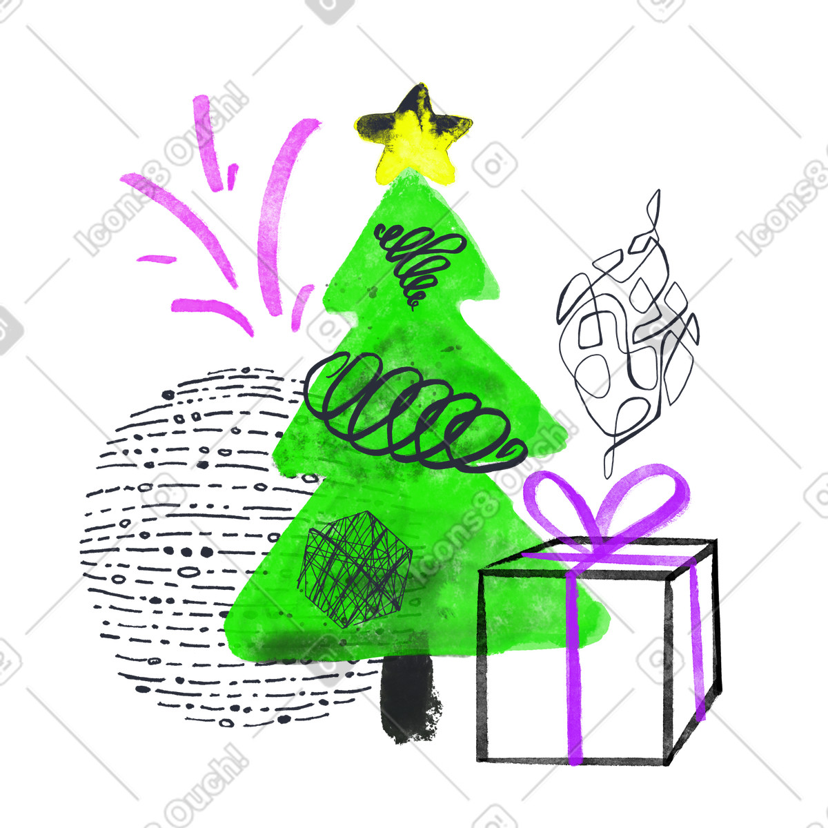 Weihnachtsbaum mit geschenkbox-Illustration im Inky-Stil als Download in PNG, SVG