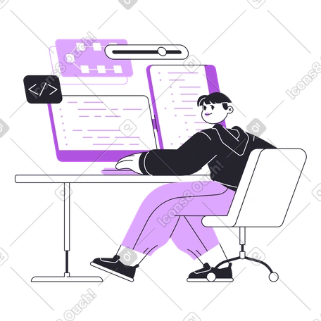 Software developer coding with two monitors animated illustration in ...