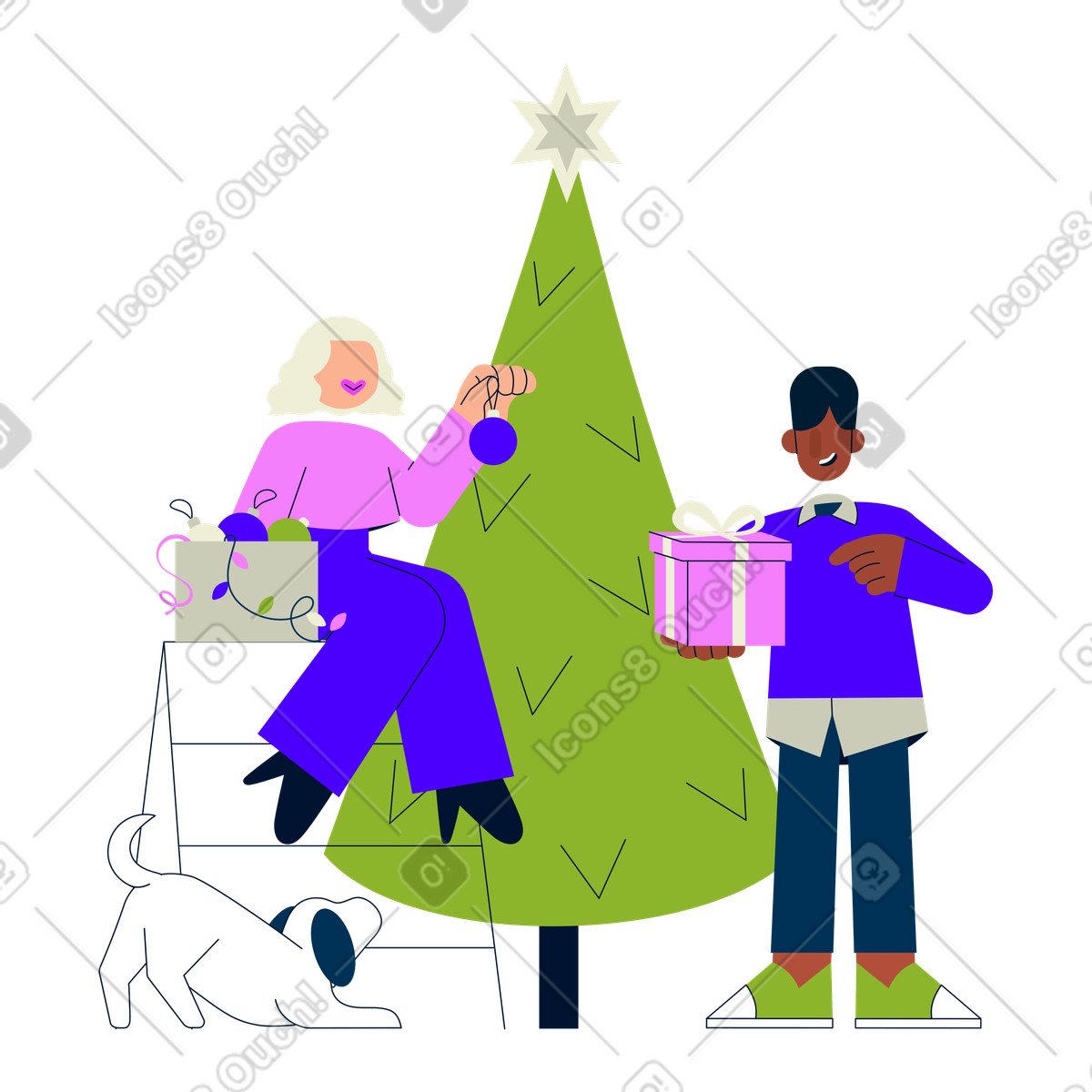 Giovane donna e un che decorano albero di natale illustrazione in stile Cubes scarica in PNG, SVG