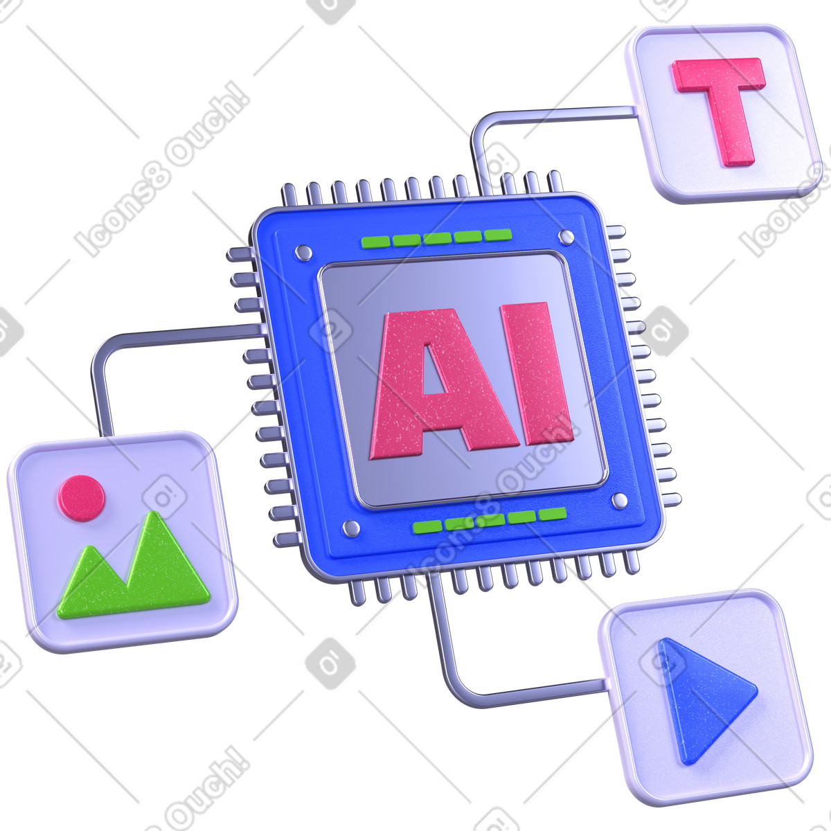 AI chip generating multimedia, creative automation for marketing and social media illustration in 3D Boost style download in PNG, SVG
