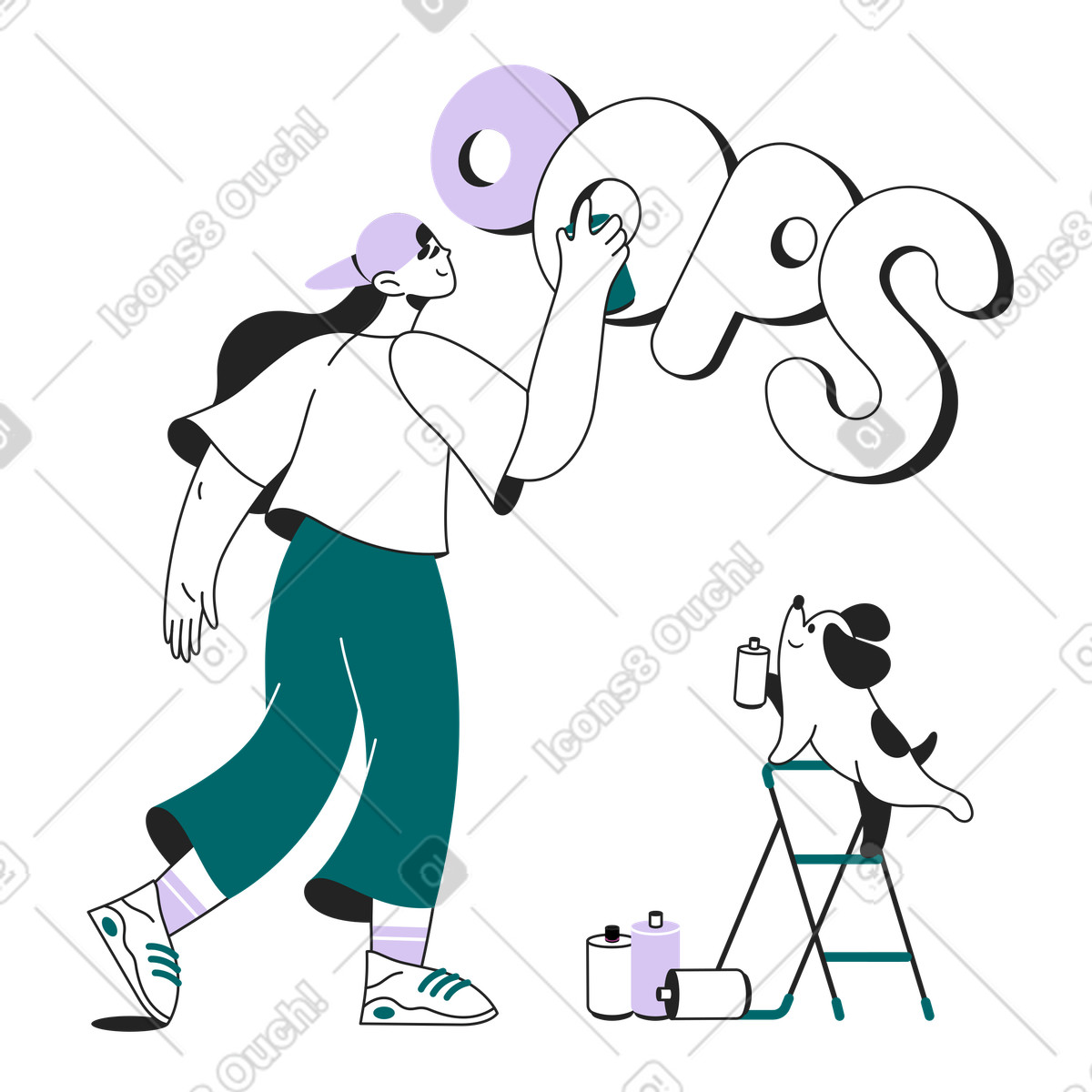 Ilustración Chica dibuja graffiti y un perro ayuda en estilo Sammy Line a descargar en PNG SVG