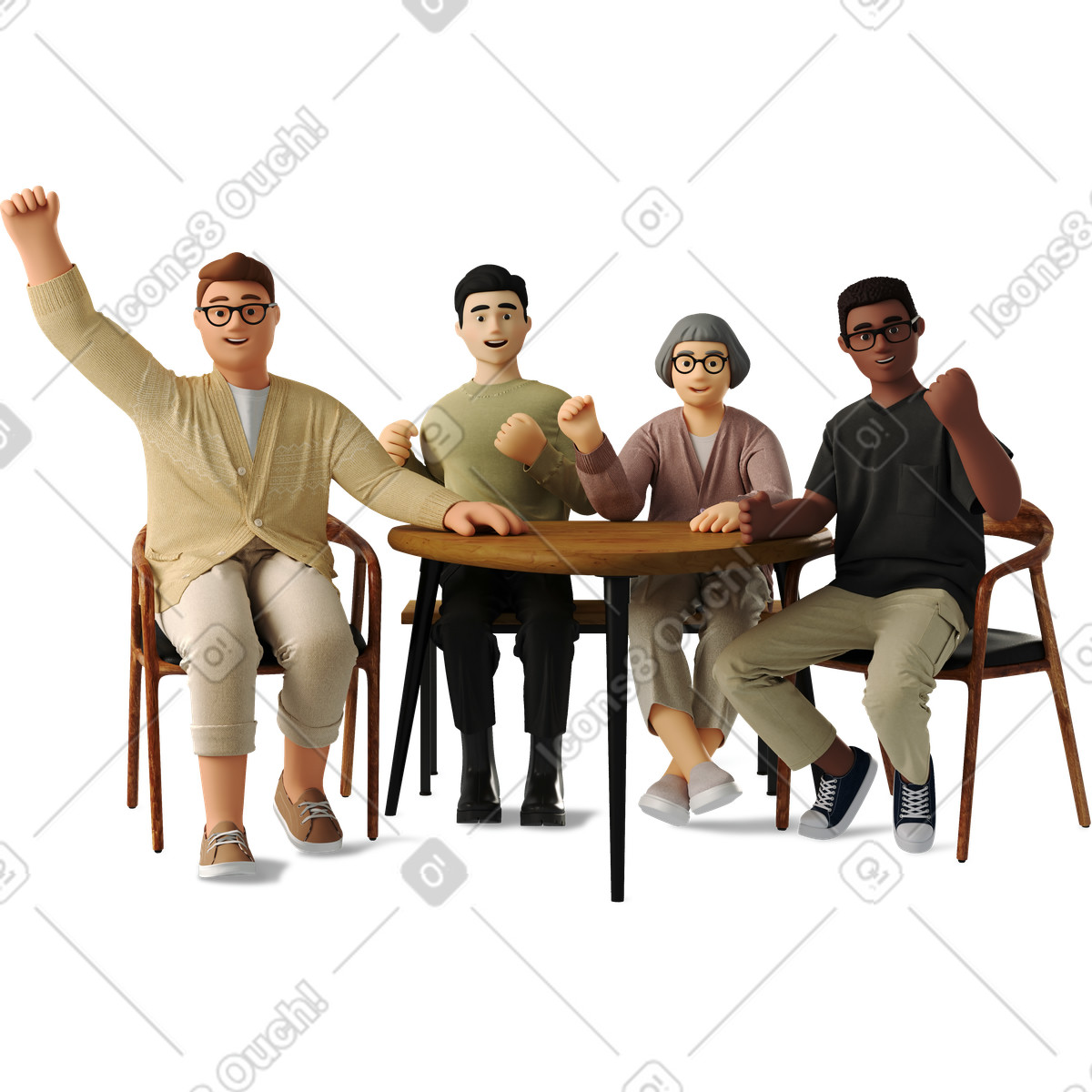 Ilustración Four colleagues joyfully raised their fists en estilo 3D Business a descargar en PNG y SVG