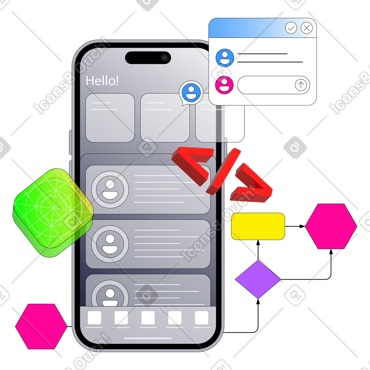 Mobile app development, smartphone, diagram illustration in PNG, SVG