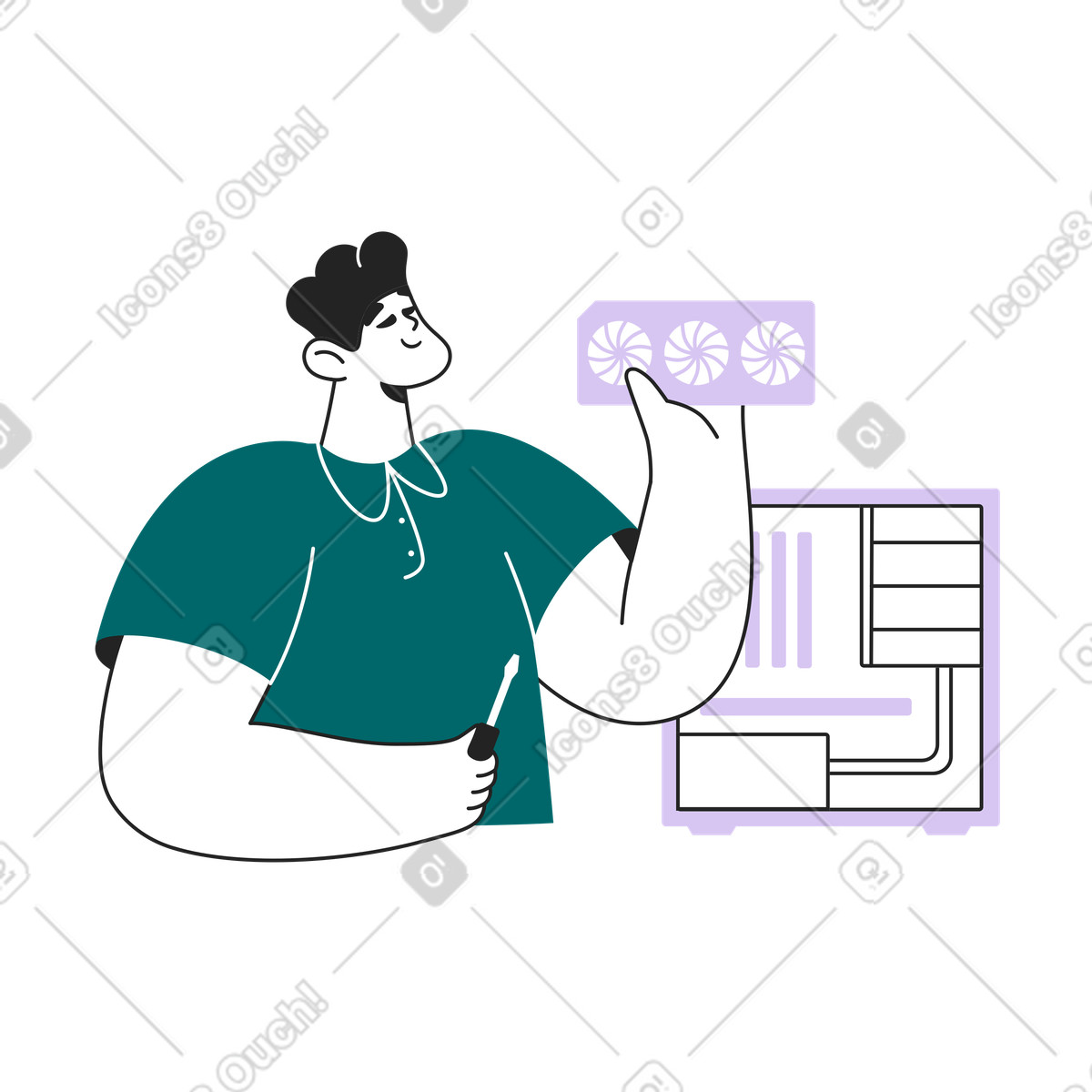 Technician installing new graphics card in pc, Computer hardware upgrade process illustration Sammy Line style download PNG, SVG