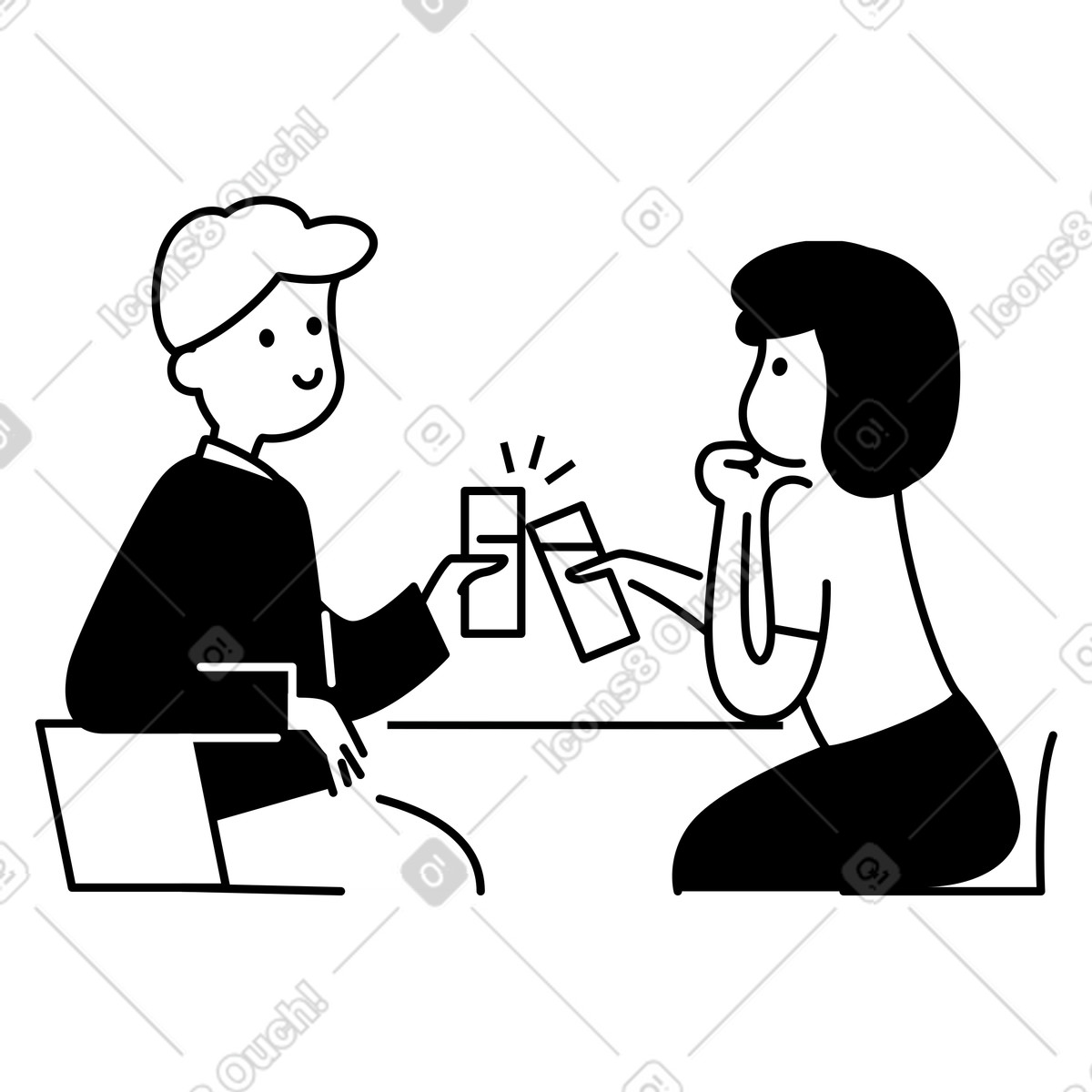 Illustration Conversation partners exchanging business cards during informal networking meeting dans le style Notion Line Art à télécharger aux formats PNG, SVG