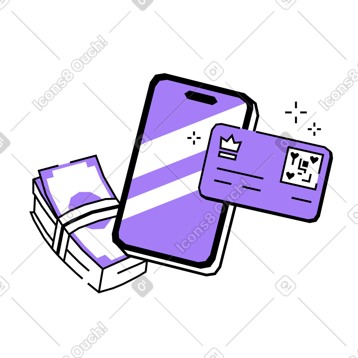 Phone with cash and credit card illustration clipart for financial projects in PNG, SVG