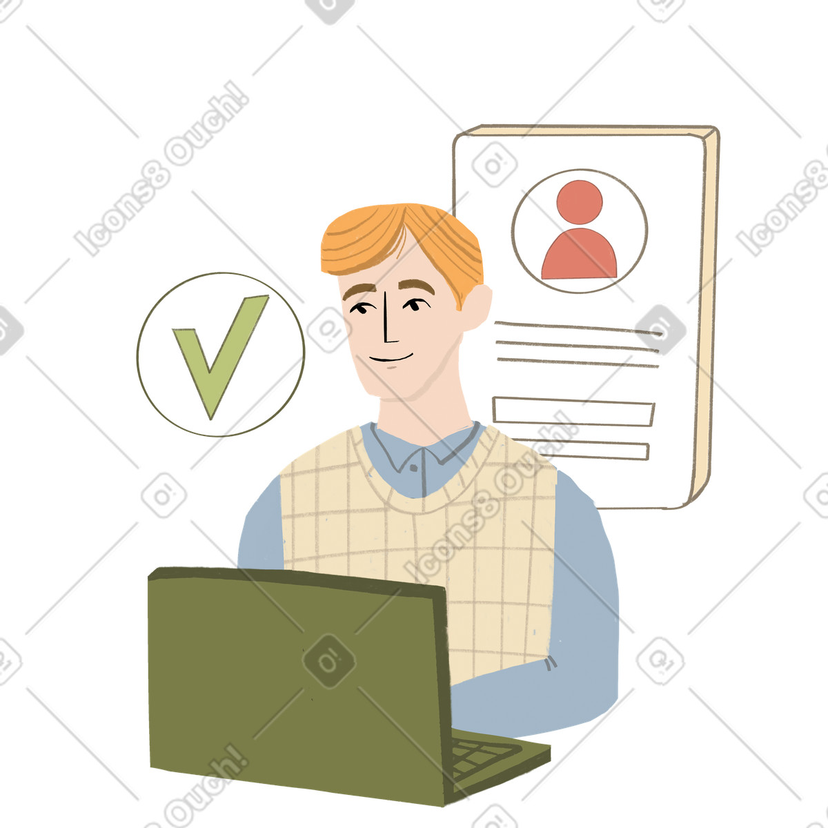 Blond man sitting behind computer and looking at job application illustration in Lumiere style download in PNG, SVG