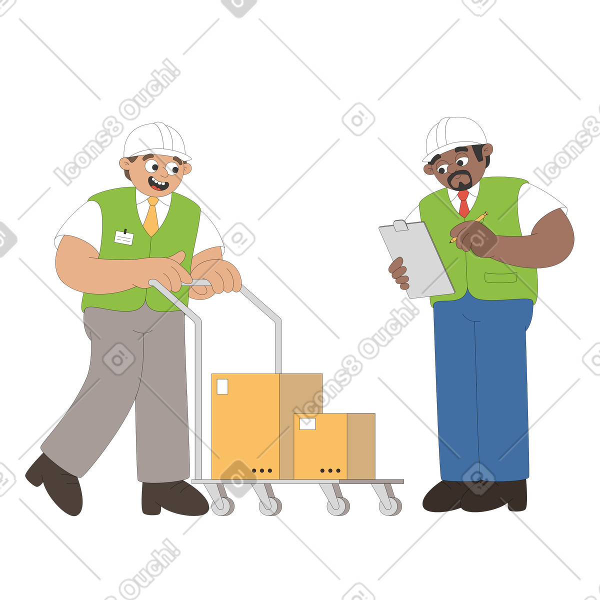 Warehouse workers at distribution center illustration in Sitcom style download in PNG, SVG