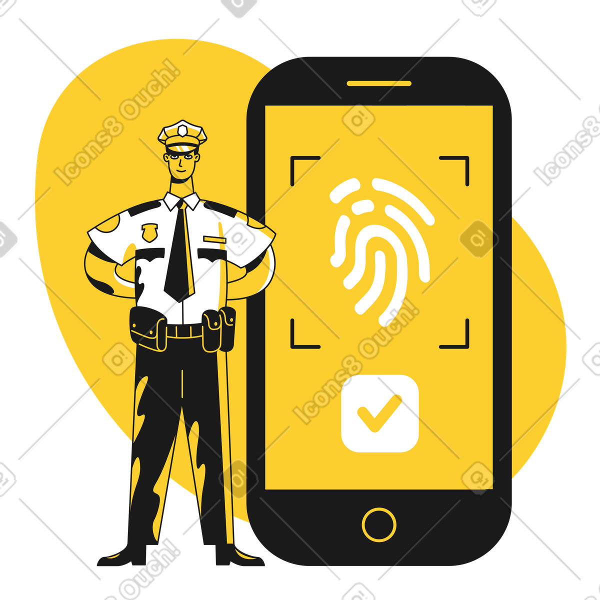 Ilustração de Digital fingerprint verification on phone with police officer, Access control or identity protection em no estilo Taxi para baixar em PNG, SVG