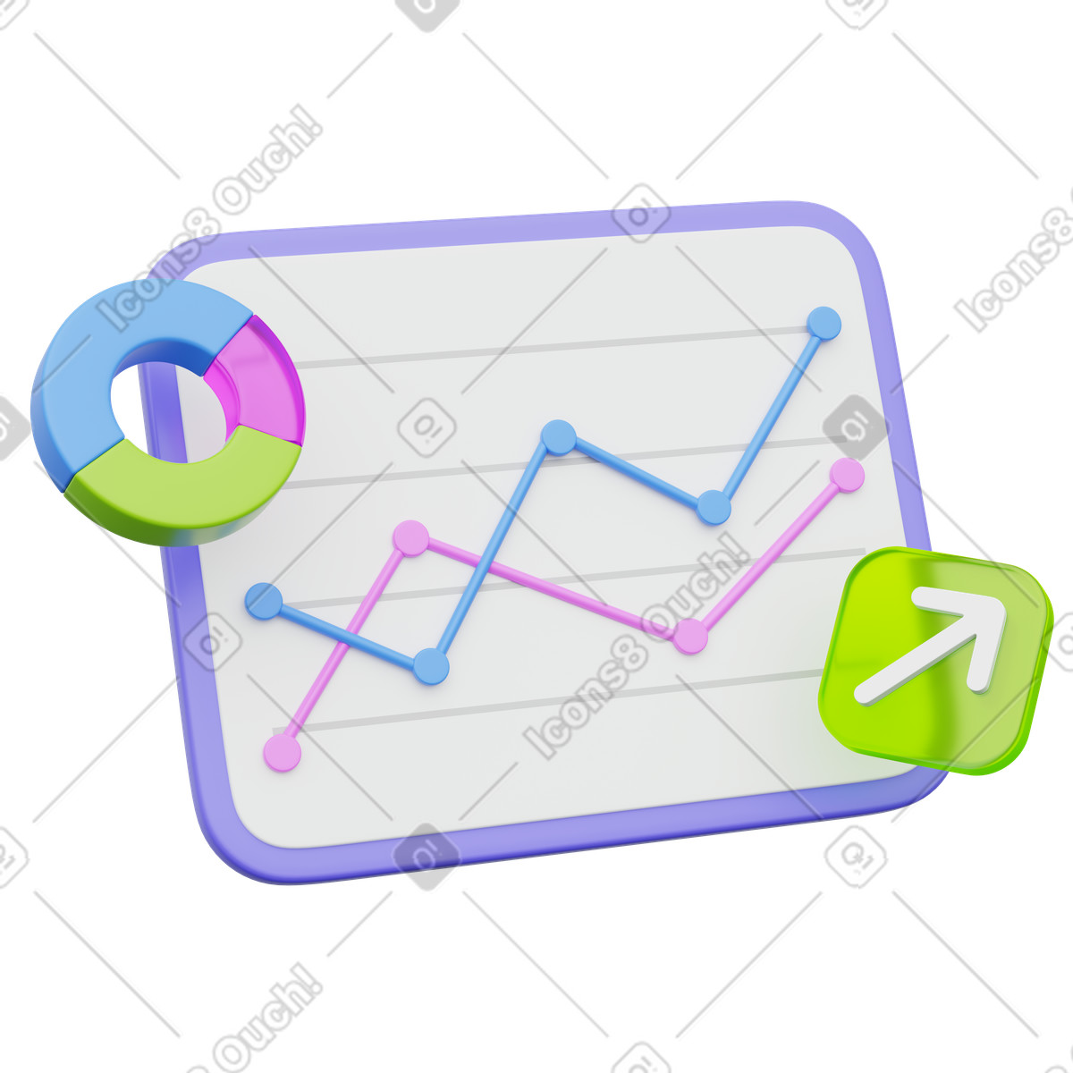 Illustration Analyses financières, graphique de croissance, statistiques d'investissement dans le style 3D Playful à télécharger aux formats PNG, SVG