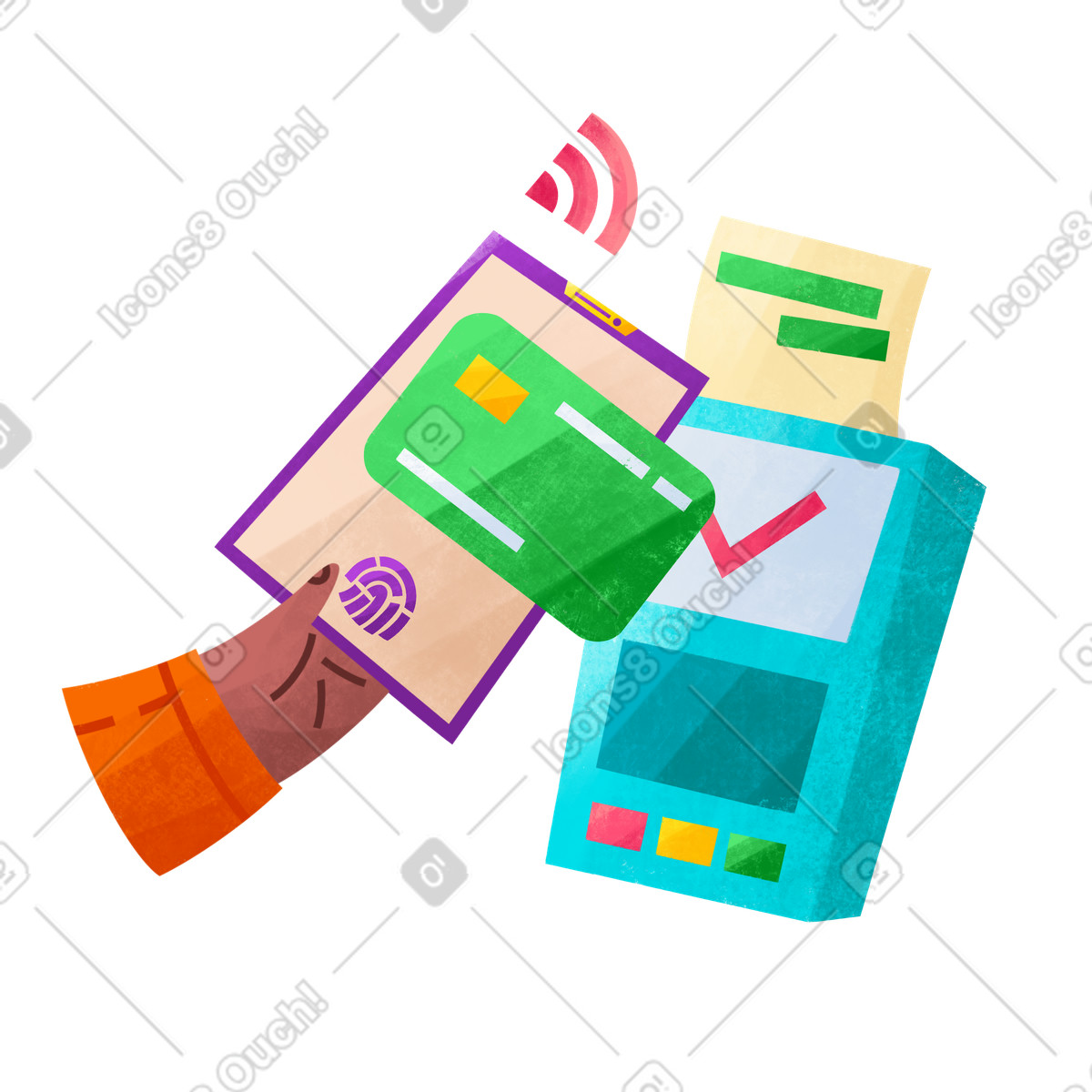 Ilustración Pago en terminal pos mediante teléfono móvil y touch id estilo Bonbon a descargar PNG SVG