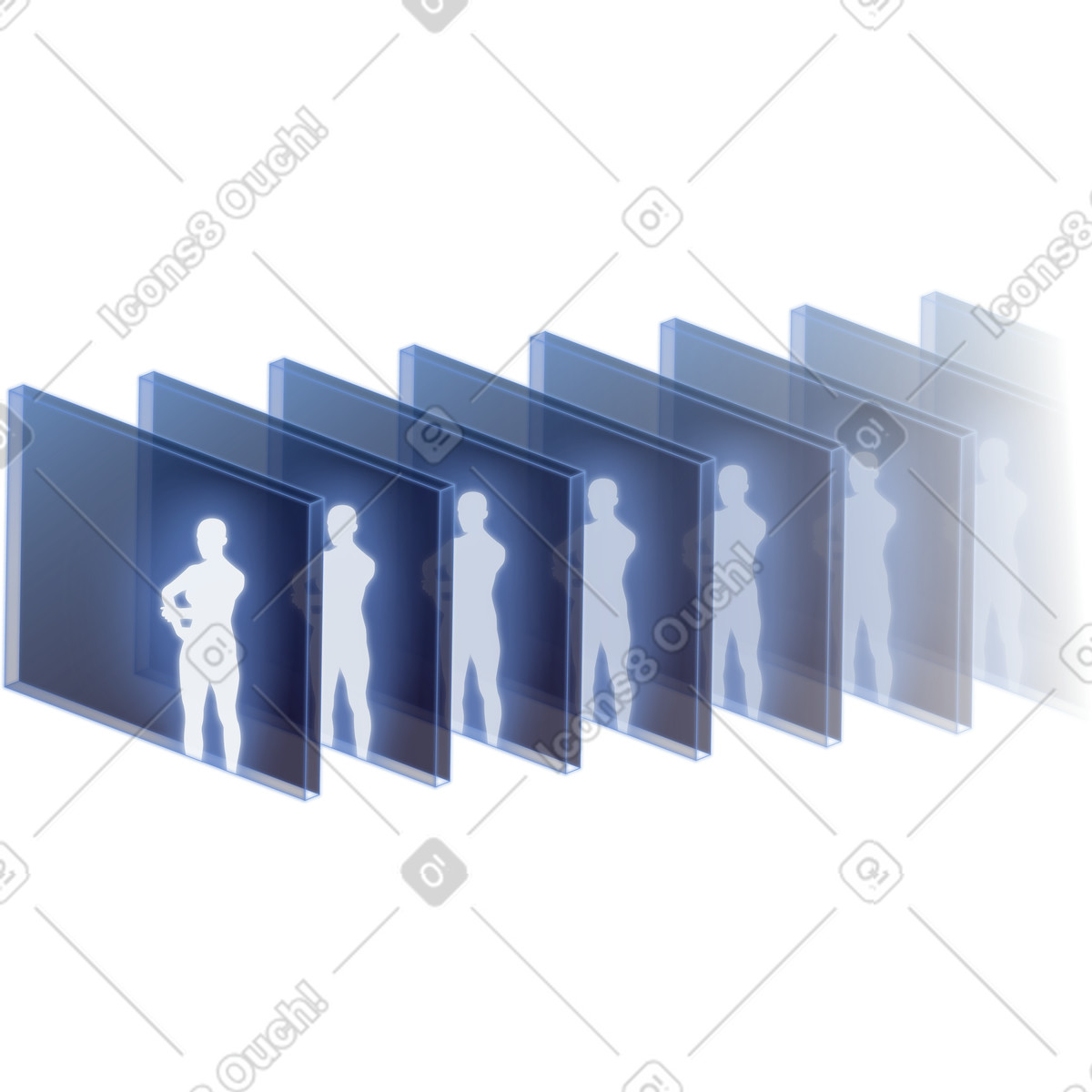Multiple panels with human silhouettes illustration in Dimension style download in PNG, SVG