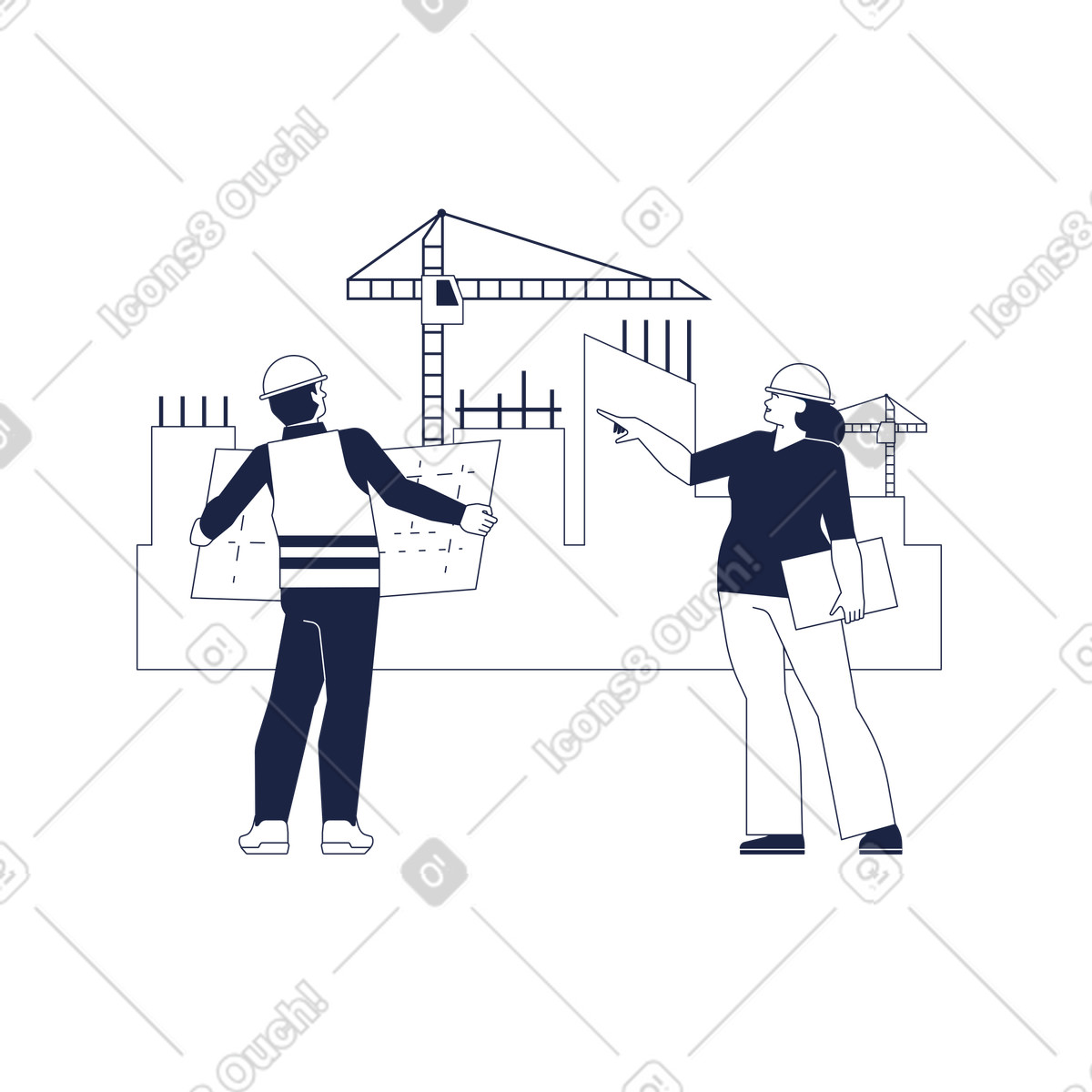 Construction workers discussing plans at building site, planning and engineering illustration in Urban Line style download in PNG, SVG
