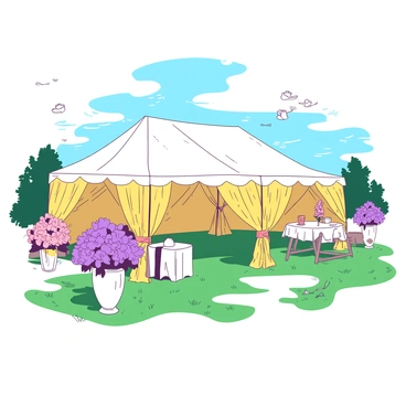 A yellow outdoor wedding venue features a large white tent adorned with elegant draping. Surrounding the tent, there are vibrant flower arrangements in shades of pink and purple, placed in decorative vases on white tables. Lush green grass covers the ground, and soft white lanterns hang from the tent's edges. In the background, a serene blue sky complements the festive atmosphere, while delicate ribbons flutter gently in the breeze.