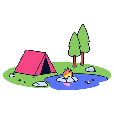 A small campsite is set up next to a tranquil bog. The campsite features a bright red tent with a pointed top, securely staked into the ground. A campfire is lit nearby, with glowing orange flames and embers. The firelight casts warm reflections on the calm water of the bog, creating a shimmering effect. Surrounding the campsite are a few scattered rocks and patches of green grass, enhancing the natural setting. Tall trees stand in the background, framing the campsite scene.