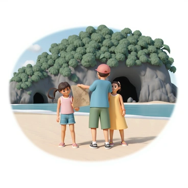 A group of three children, one boy and two girls, are standing on a sandy beach of a mysterious island. The boy is holding an old, weathered treasure map, pointing excitedly at a marked spot. He is wearing a blue t-shirt, green shorts, and a red baseball cap. One girl, dressed in a pink tank top and denim shorts, is peering closely at the map with wide eyes. The other girl, in a yellow dress, is looking towards the dense jungle that borders the beach, her hair flowing in the breeze. In the background, hidden caves can be seen beneath rocky cliffs, partially obscured by lush green foliage. The atmosphere is filled with a sense of adventure and discovery.