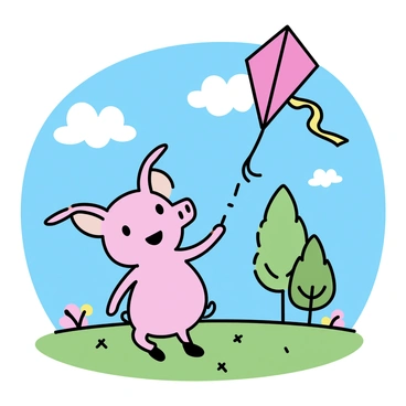 A pink pig with large ears is standing on a grassy field in a park. The pig is holding a bright red kite with a yellow tail, which is soaring high in the blue sky. The pig has a joyful expression as it looks up at the kite, surrounded by a few fluffy white clouds. In the background, there are green trees swaying gently in the breeze, and a few colorful flowers dotting the landscape.