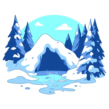 A white icy cave is nestled in the center of a snow-laden forest, surrounded by towering evergreen trees coated in thick layers of snow. The sunlight filters through the branches, creating shimmering reflections on the icy walls of the cave. Snowflakes gently drift down from the sky, adding to the serene atmosphere. The entrance of the cave is wide, revealing a glistening interior that sparkles in the sunlight.
