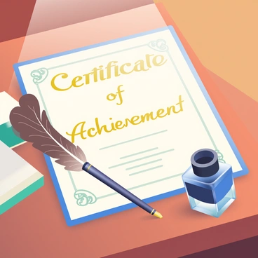 A beautifully designed digital illustration certificate displayed on a wooden desk with a quill and ink bottle.