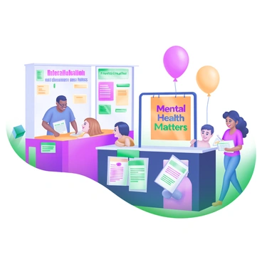 A vibrant community event focused on promoting "mental health awareness" policies. Various informational booths are set up, each adorned with colorful banners and pamphlets. Participants engage happily, some chatting in small groups while others browse the resources available. A booth features a large poster with the words "Mental Health Matters" in bright letters. Balloons in pastel colors float above, adding to the cheerful atmosphere. Smiling faces of diverse individuals are seen throughout, reflecting a sense of community and support. The scene conveys a lively, inclusive environment dedicated to mental health education.