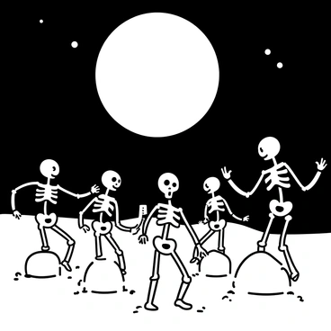 A full moon illuminates a dark night sky, casting soft shadows over a graveyard. Several skeletons are emerging from their graves, each one in various poses as they rise. Some are extending their bony arms and others have their ribcages exposed, creating an eerie yet lively scene. The skeletal figures are arranged in a circular formation, as if joining a dance, with their leg bones positioned in a rhythmic motion. The earth around the graves is disturbed, with patches of soil scattered. The atmosphere suggests movement and celebration despite the macabre setting.