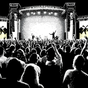 A large outdoor music festival scene is filled with energetic fans dancing and celebrating. The crowd is diverse, with people of various ages and backgrounds, all immersed in the moment. Some fans are jumping with hands raised, while others wave their arms in rhythm. In the background, a stage is set up where "Linkin Park" is performing, with musicians visible and instruments in use. There are various festival decorations around, including colorful banners and lights illuminating the scene. The atmosphere is vibrant, capturing the excitement of a live music event.