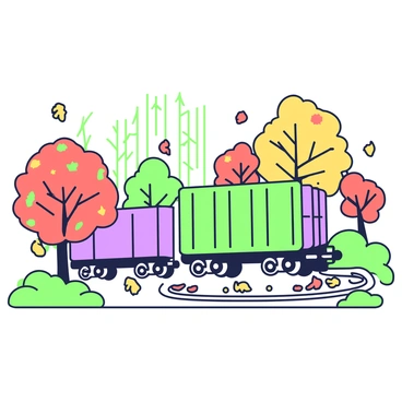 A cargo train chugging through a forest of vibrant fall foliage, with leaves swirling around