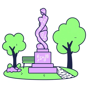 A statue in a park stands prominently on a grassy area. The statue is composed entirely of intricate mathematical equations, giving it a unique, abstract appearance. The equations are visibly intertwined, creating flowing shapes and patterns that rise from a solid base. Surrounding the statue, there are trees with leafy canopies that provide shade, and a path made of cobblestones leads up to it. Nearby, a bench invites visitors to sit and contemplate the sculpture, while a gentle breeze rustles through the leaves of the trees. Sunlight casts delicate shadows on the ground, enhancing the details of the statue.
