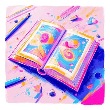 An open book with "golden edges" lies flat on a wooden table. The pages of the book are filled with "swirling patterns" that create intricate designs in vibrant colors. The light catches the golden edges, making them shimmer. The book is surrounded by small, colorful sketches and doodles scattered across the table, enhancing its artistic vibe.