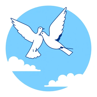 A pair of white doves with outstretched wings is flying together in a bright blue sky. The doves are positioned closely, conveying a sense of unity and companionship. Below them, a few fluffy white clouds drift by, adding a gentle contrast to the blue background. The sunlight illuminates their feathers, making them appear radiant as they soar peacefully.