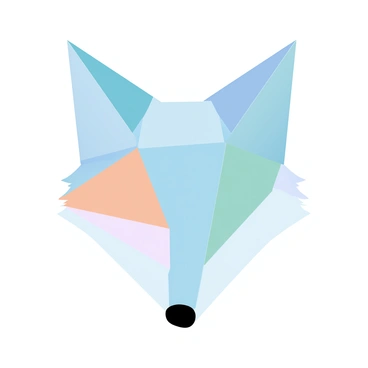 A geometric fox head comprised of interconnected triangles. The triangles are arranged to form the shape of the fox's head, showcasing sharp angles and a sleek design. The color palette features a range of modern colors, including soft blues, light oranges, and pastel greens. Each triangle reflects a different hue, contributing to the overall vibrant and cohesive appearance of the fox head. The geometric structure creates a sense of depth and dimension, with some triangles appearing larger and overlapping others.