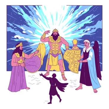 Gilgamesh receiving powerful gifts from the gods during a celestial ceremony.
