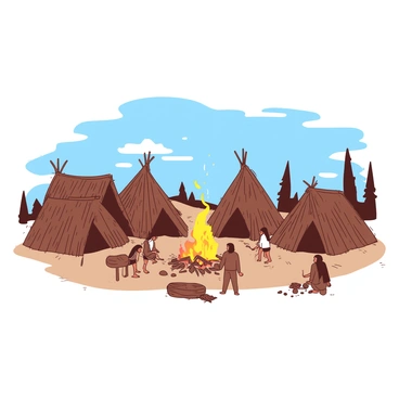 A brown early human settlement is depicted with several simple huts made of wooden branches and leaves. Each hut is small and rustic, with thatched roofs. In the center of the settlement, there is a large communal fire with flames dancing, surrounded by smooth stones. The fire emits a warm glow, illuminating the area. Several figures, dressed in animal hides, are gathered around the fire, engaged in conversation or cooking. Above, the sky is clear and blue, with a few wispy clouds drifting by. The landscape is grassy, with a few scattered trees in the background.