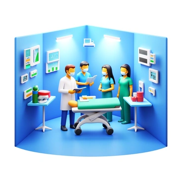 A busy emergency room with doctors in scrubs and surgical masks. A doctor with short brown hair is taking charge, holding a clipboard and directing nurses. A nurse with long black hair is preparing medical equipment on a nearby table. A patient on a stretcher is surrounded by medical staff, showing a sense of urgency. Medical instruments are scattered around, and monitors display vital signs. Bright overhead lights illuminate the scene, highlighting the intense activity.