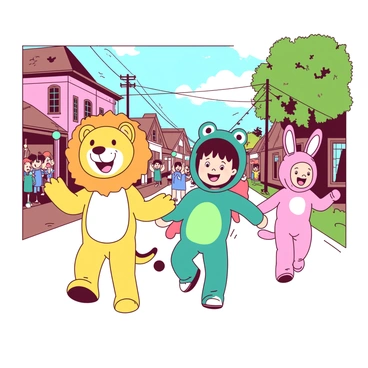 A group of children dressed in various animal costumes is happily marching down a neighborhood street. One child is wearing a bright yellow lion costume, complete with a fluffy mane and a smiling face. Another child is in a teal frog outfit, hopping joyfully beside a friend in a pink bunny suit. Colorful banners and decorations line the street, adding to the festive atmosphere. The sun is shining brightly, highlighting the joyful expressions of the children as they wave to neighbors watching from their porches.