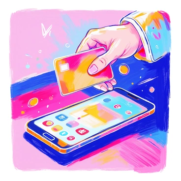 A hand is reaching out and holding a "virtual credit card hologram" above a "mobile phone." The hand is slightly angled, showcasing the fingers delicately gripping the hologram. The mobile phone displays a bright screen, with various app icons visible. The hologram emanates a soft glow, creating a contrast with the phone's screen. The background is blurred, keeping focus on the hand, the hologram, and the mobile device.