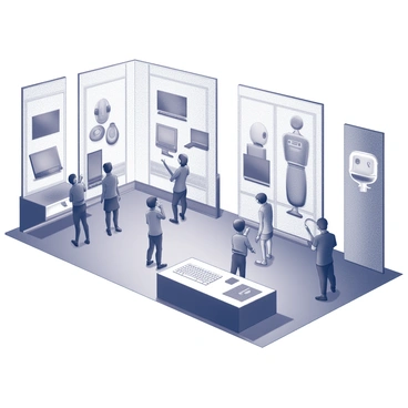 A large exhibit space showcasing the evolution of technology through a series of interactive displays. The area is filled with several holographic displays, each illustrating different technological advancements from the past to the present. There are transparent panels featuring dynamic images of early computers, smartphones, and robots. Visitors are observing the displays, some pointing at the holograms while others are engaged in discussions. The floor is sleek and modern, enhancing the futuristic atmosphere of the exhibit. The lighting highlights the holographic images, creating an immersive experience.