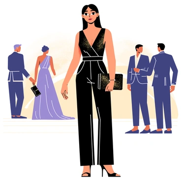 A woman wearing a shimmering black jumpsuit is standing confidently at a glamorous evening event. The jumpsuit features a sleek design that hugs her figure elegantly. She holds a stylish clutch in one hand, showcasing its intricate details and texture. The background includes softly glowing lights and elegantly dressed guests mingling, adding to the sophisticated atmosphere of the event.