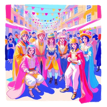 Participants in elaborate costumes are gathered together in a vibrant festival setting. Each individual is dressed in unique and intricate outfits, showcasing a variety of colors, textures, and designs. Some costumes include flowing capes, detailed masks, and ornate headpieces, reflecting a range of themes from fantasy and historical figures to cultural icons. The group is posing together with joyful expressions, surrounded by festive decorations such as colorful banners and balloons. The atmosphere is lively, with other festival-goers admiring the costumes in the background.